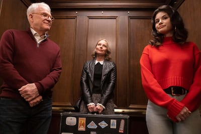 Charles (Steve Martin), Jan (Amy Ryan) and Mabel (Selena Gomez) in a scene from 'Only Murders In The Building'. Photo: Hulu