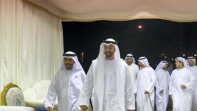 Sheikh Mohamed bin Zayed, Crown Prince of Abu Dhabi and Deputy Supreme Commander of the UAE Armed Forces, offers condolences to the family of Abdulla bin Jaber Al Khaili, in Al Ain. Mohamed Al Hammadi / Ministry of Presidential Affairs