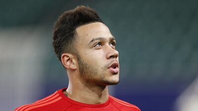 Memphis Depay of Manchester United shown on Monday at the team’s training session ahead of their Champions League match against Wolfsburg. Carl Recine / Action Images / Reuters