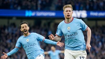 Kevin De Bruyne celebrates after scoring Manchester City's opening goal in their 4-1 Premier League win over Arsenal at the Etihad stadium on April 26, 2023. AP
