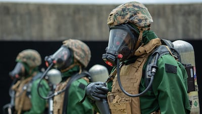 US Marines training for chemical, biological, radiological or nuclear warfare, which they could face in Iran. US Marine Corps