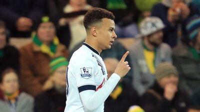 Tottenham’s Dele Alli celebrates scoring their first goal on Tuesday night against Norwich City. Stephen Pond / Getty Images
