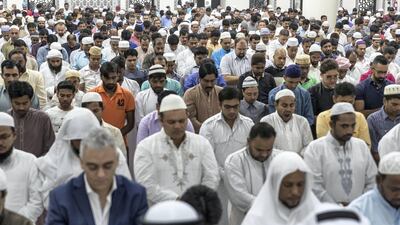 DUBAI, UNITED ARAB EMIRATES. 01 September 2017. Eid Al Adha morning prayers at the Al Farooq Omar bin Al Kahttab Mosque in Al Safa. (Photo: Antonie Robertson/The National) Journalist: None. Section: National.