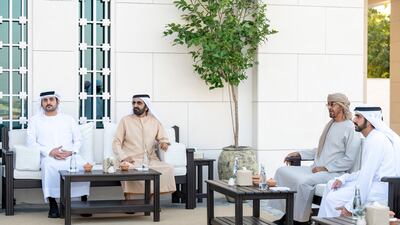 Sheikh Mohamed bin Zayed (2nd R) meets with Sheikh Mohammed bin Rashid at Al Shati Palace. Also seated are Sheikh Maktoum bin Mohammed, Deputy Ruler of Dubai, Deputy Prime Minister and Minister of Finance and Sheikh Hamdan bin Mohammed, Crown Prince of Dubai.