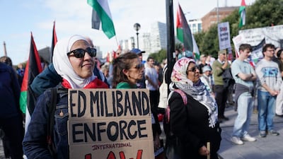 Pro-Palestine demonstrators gather outside the Labour Party conference in Liverpool. Getty Images