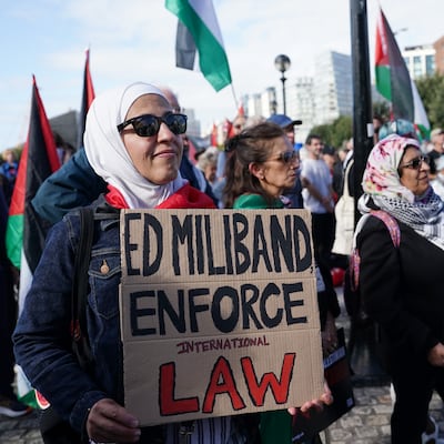 Image 15: Pro-Palestine demonstrators gather outside the Labour Party conference in Liverpool. Getty Images