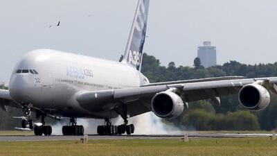 An Airbus A380, the world's largest jetliner touches down at Le Bourget airport. It, too, may come under pressure with the arrival of its stretched twin-engine stablemate, the A350-1000. Pascal Rossignol / Reuters