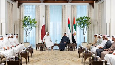 Sheikh Mohamed and Sheikh Tamim with Sheikh Mansour bin Zayed, UAE Vice President and Deputy Prime Minister; Lt General Sheikh Saif bin Zayed, UAE Deputy Prime Minister and Minister of Interior; Sheikh Tahnoon bin Zayed, Deputy Ruler of Abu Dhabi and UAE National Security Adviser; Sheikh Theyab bin Mohamed bin Zayed, chairman of the Office of Development and Martyrs Families Affairs at the Presidential Court; and Sheikh Mohamed bin Hamad bin Tahnoon, advisor to the UAE President