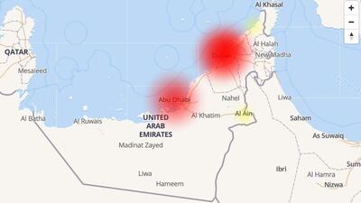 Map showing outages in Abu Dhabi and Dubai