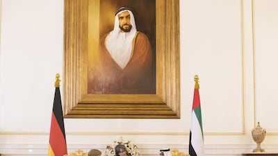 Mrs Merkel holds talks with Sheikh Mohamed in 2017. Ryan Carter / Crown Prince Court — Abu Dhabi