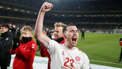 Denmark's Pierre-Emile Hojbjerg celebrates. Reuters