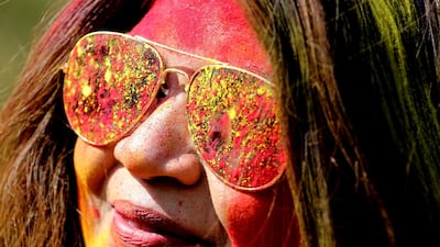 Indian college girls take part in the Holi festival celebrations in Bhopal, India, 28 Feburary 2018: Holi is celebrated on the full moon day and marks the beginning of the spring season. EPA