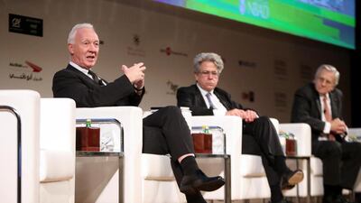 From left: Alastair Newton, senior political analyst at Nomura International, Peter Knez, founder and chief executive of Incapture, and Jean-Claude Trichet during the second day of the Global Financial Markets Forum. Fatima Al Marzooqi / The National