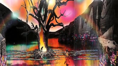 Promised Land, 2009, Financial newspaper, acrylic, ink and spray paint on canvas, 163 x 489cm by Gordon Cheung (Courtesy of the artist and Leila Heller Gallery, Dubai)