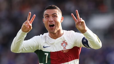 Portugal's Cristiano Ronaldo celebrates after scoring his side's first goal during the Euro 2024 group J qualifying soccer match between Iceland and Portugal in Reykjavík, Iceland, Tuesday, June 20, 2023. (AP Photo / Árni Torfason)