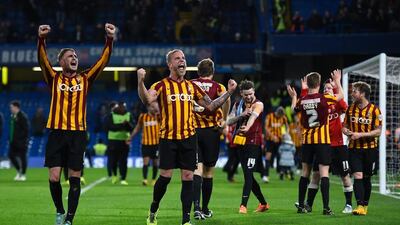 This is the scene manager Phil Parkinson wants Bradford to repeat as Garry Liddle and Andrew Davies celebrate at the end of the FA Cup fourth-round match win over Chelsea. Next for Bradford could be Manchester United at Old Trafford. Mike Hewitt / Getty Images