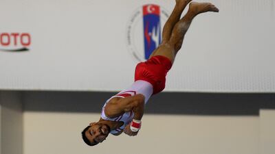 Turkey's Ferhat Arican performs in the floor competition during the Men's senior team final at the European Artistic Gymnastic Championships in Mersin, Turkey. EPA