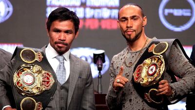 Manny Pacquiao, left, and Keith Thurman at the final press conference in Las Vegas before their fight at MGM Grand. AFP