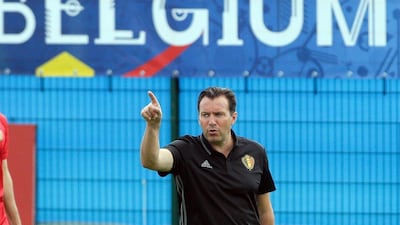 Belgium manager Marc Wilmots directs his players during a training session in Le Haillan near Bordeaux, southwestern France, Thursday, June 30, 2016. Belgium will face Wales in a Euro 2016 quarter-final match in Lille on Friday. Thibaud Moritz/AP Photo