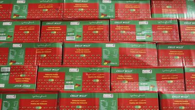 Boxes of tomato paste bound for Africa at the Chilly Willy manufacturing facility in Dubai. All photos Sarah Dea / The National