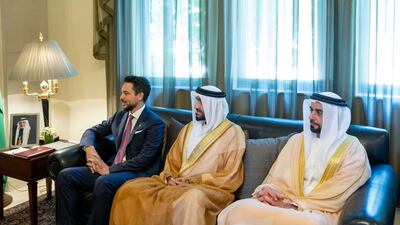 From right, Sheikh Saif bin Zayed, Deputy Prime Minister and Minister of the Interior; Sheikh Nahyan bin Zayed, chairman of the board of trustees of Zayed bin Sultan Al Nahyan Charitable and Humanitarian Foundation; and Prince Hussein at Basman Palace