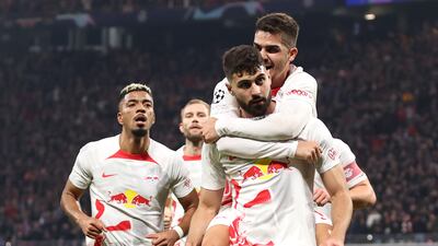 Josko Gvardiol celebrates with teammates after scoring in the 1-1 Champions League round of 16 first leg draw against Manchester City at Red Bull Arena in Germany on February 22, 2023. Getty