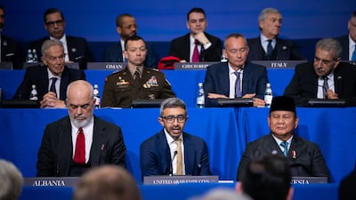 Sheikh Abdullah bin Zayed, UAE Deputy Prime Minister and Minister of Foreign Affairs, addresses the Board of Peace meeting. Photo: Wam