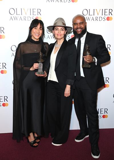 From left: Jessica Hung Han Yun, winner of Best Lighting Design for My Neighbor Totoro, and Es Devlin and Tony Gayle, winners of the Best Sound Design award for My Neighbour Totoro. Getty Images
