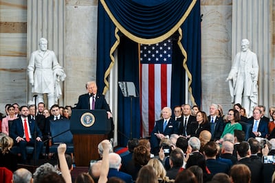 President Donald Trump speaks after taking the oath of office on Monday. AP