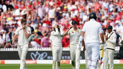 Disppointed Australia players after Cameron Green is denied the wicket of Joe Root for bowling a no ball. PA