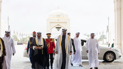 Sheikh Mohamed and Sheikh Meshal discussed relations between their countries, particularly in the economic, trade, investment and developmental sectors. Ryan Carter / UAE Presidential Court