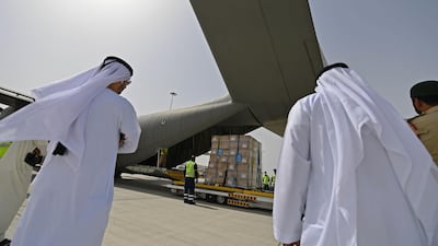 Tonnes of medical equipment and coronavirus testing kits provided bt the World Health Organisation are pictured at the al-Maktum International airport in Dubai as it is prepared to be delivered to Iran with a United Arab Emirates military transport plane. AFP
