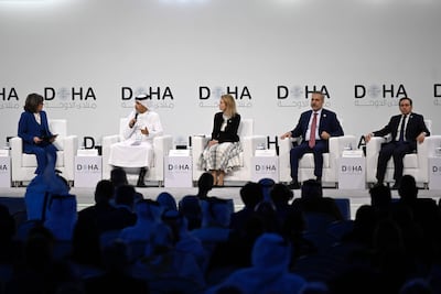 Qatar's Prime Minister Sheikh Mohammed bin Abdulrahman Al Thani, second left, addresses moderator Christiane Amanpour, left, during the panel discussion with EU foreign affairs chief Kaja Kallas, centre, Turkish Foreign Minister Hakan Fidan, second right, and Spain's Foreign Minister Jose Manuel Albares, at the Doha Forum. AFP
