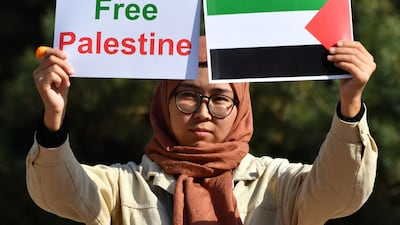 Demonstrators rally to support Palestine in Bishkek, the capital of Kyrgyzstan. AFP