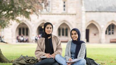Rouda Almaazmi, left, from Sharjah, and Fatma Al Addouli, from Dubai, at the University of Aberdeen, where they are pre-med students. Graham Dargie for The National