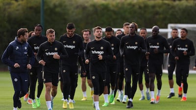 Chelsea midfielder Mason Mount, centre, training ahead of the game against AC Milan.