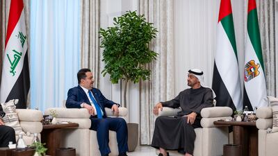 President Sheikh Mohamed meets Mohammed Shia Al Sudani, Prime Minister of Iraq, at Al Shati Palace in Abu Dhabi. All photos: UAE Presidential Court