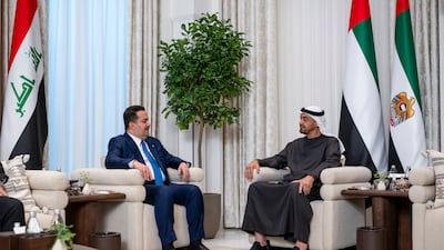 ABU DHABI, UNITED ARAB EMIRATES - October 01, 2025: HH Sheikh Mohamed bin Zayed Al Nahyan, President of the United Arab Emirates (R), meets with HE Mohammed Shia Al Sudani, Prime Minister of Iraq (L), at Al Shati Palace. ( Hamad Al Kaabi / UAE Presidential Court ) ---