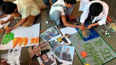 Schoolchildren in Mumbai make art work for the visit of the US president Barack Obama.