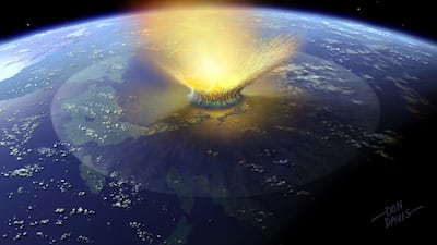 A computer-generated simulation of an asteroid striking Mexico’s Yucatan peninsula about 150 million years ago. AFP