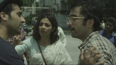 A scene from Bombairiya, starring, from left, Akshay Oberoi, Radhika Apte and Siddhanth Kapoor.