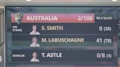 The scoreboard shows Steve Smith having scored no runs off 38 balls. Getty