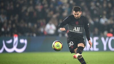 Paris Saint-Germain's Lionel Messi shoots and scores. AFP