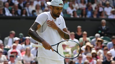 Nick Kyrgios of Australia holds his shoulder against Brandon Nakashima of the US. Getty