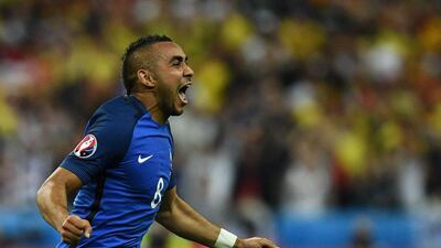 France forward Dimitri Payet celebrates after scoring the winner against Romania in Euro 2016 group play on Friday night. Franck Fife / AFP / June 10, 2016
