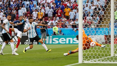Kylian Mbappe scores for France against Argentina at the 2018 World Cup in Russia. AP