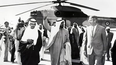 Sheikh Zayed arrives on Das Island for the inauguration of the construction of the liquefied natural gas plant of Abu Dhabi Gas Liquefaction Company on December 3, 1973.