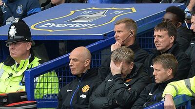 Manchester United manager David Moyes reacts during his side's loss to Everton on Sunday. Peter Powell / EPA / April 20, 2014