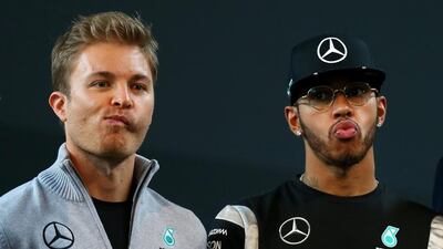 Nico Rosberg of Germany and Mercedes GP (L) poses with team mate Lewis Hamilton of Great Britain and Mercedes GP during the Mercedes Benz Motorsport Kickoff 2016 at the Inner Sanctum on March 11, 2016 in Stuttgart, Germany. (Photo by Alexander Hassenstein/Bongarts/Getty Images)