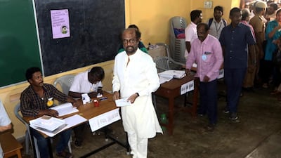 Indian superstar Rajnikanth arrives to cast his vote during the second phase of India's general elections in Chennai, India, Thursday, April 18, 2019. The Indian election is taking place in seven phases over six weeks in the country of 1.3 billion people. Some 900 million people are registered to vote for candidates to fill 543 seats in India's lower house of Parliament. (AP Photo/R. Parthibhan)